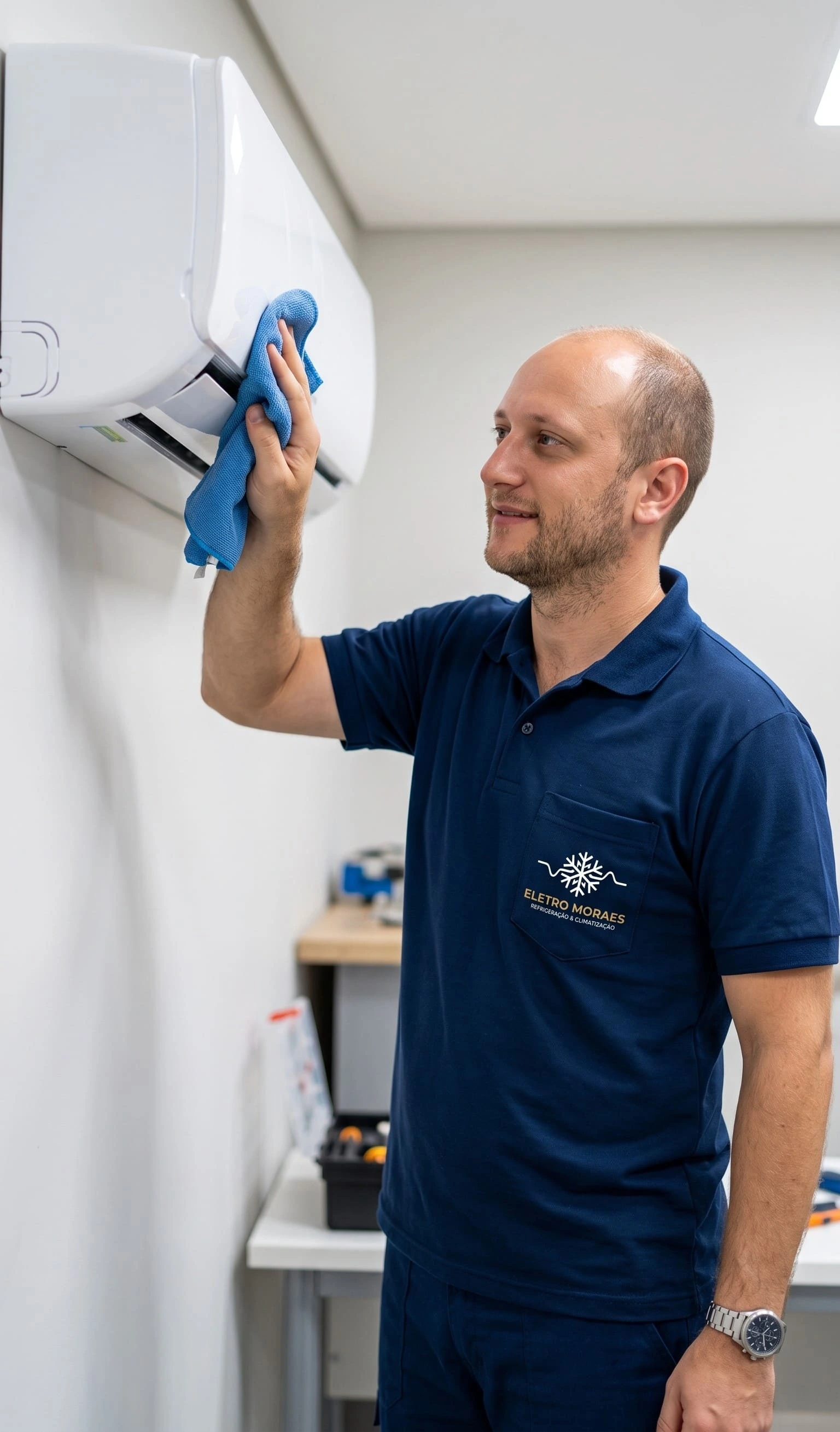 Técnico da Eletro Moraes instalando ar-condicionado